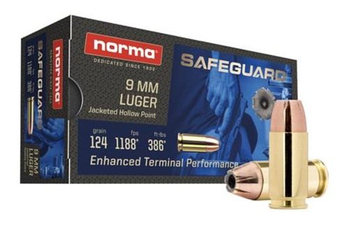 Norma Ammunition Safeguard Handgun 9mm Luger 124gr JHP 1188 fps 50/ct