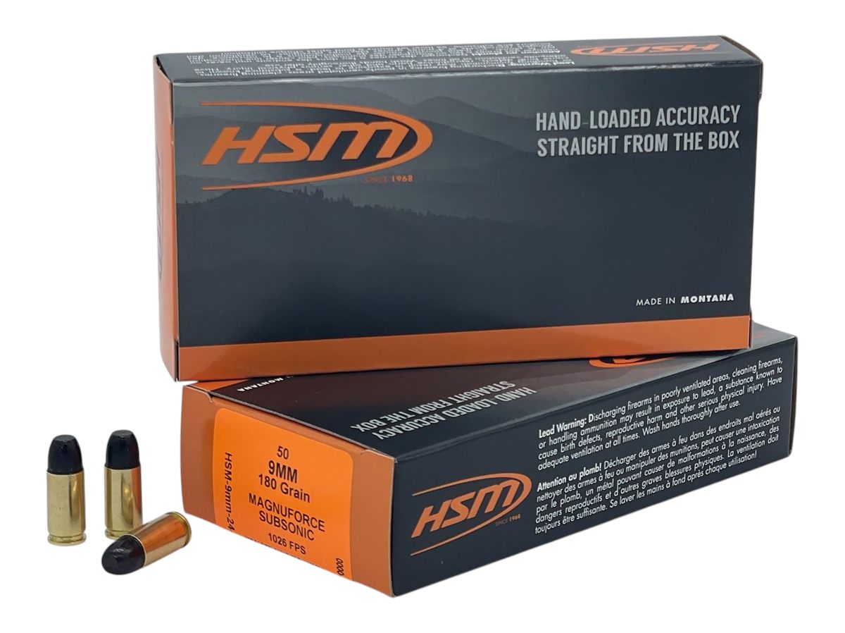 HSM 9MM24N 9mmLuger Subsonic 180gr Hard Cast Long Flat Nose 50 Per Box/10 C