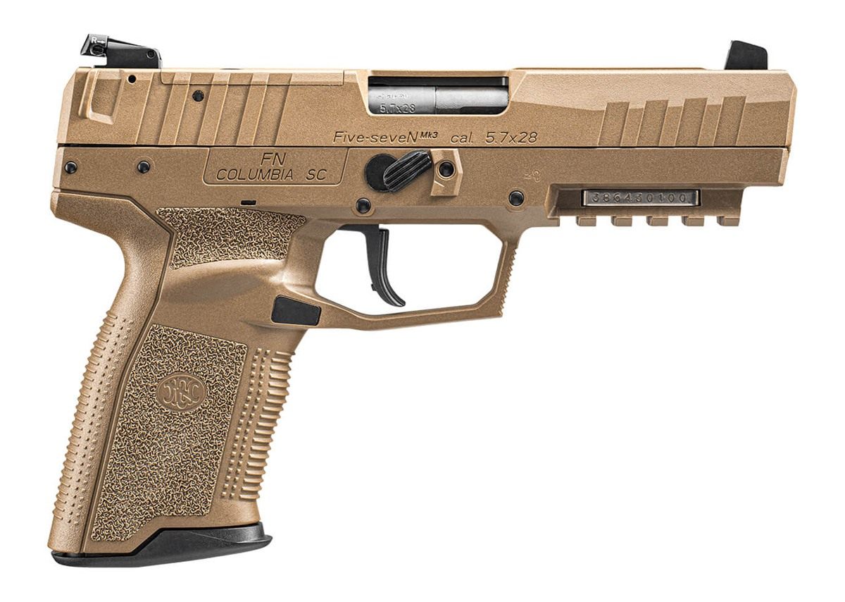 FN 66101277 Five-seveN MRD 5.7x28mm 10+1 4.80" Black Steel Barrel, Flat Dark Earth Optic Cut/Serrated Steel Slide & Polymer Frame w/Picatinny Rail, FDE Textured Polymer Grip, Ambidextrous