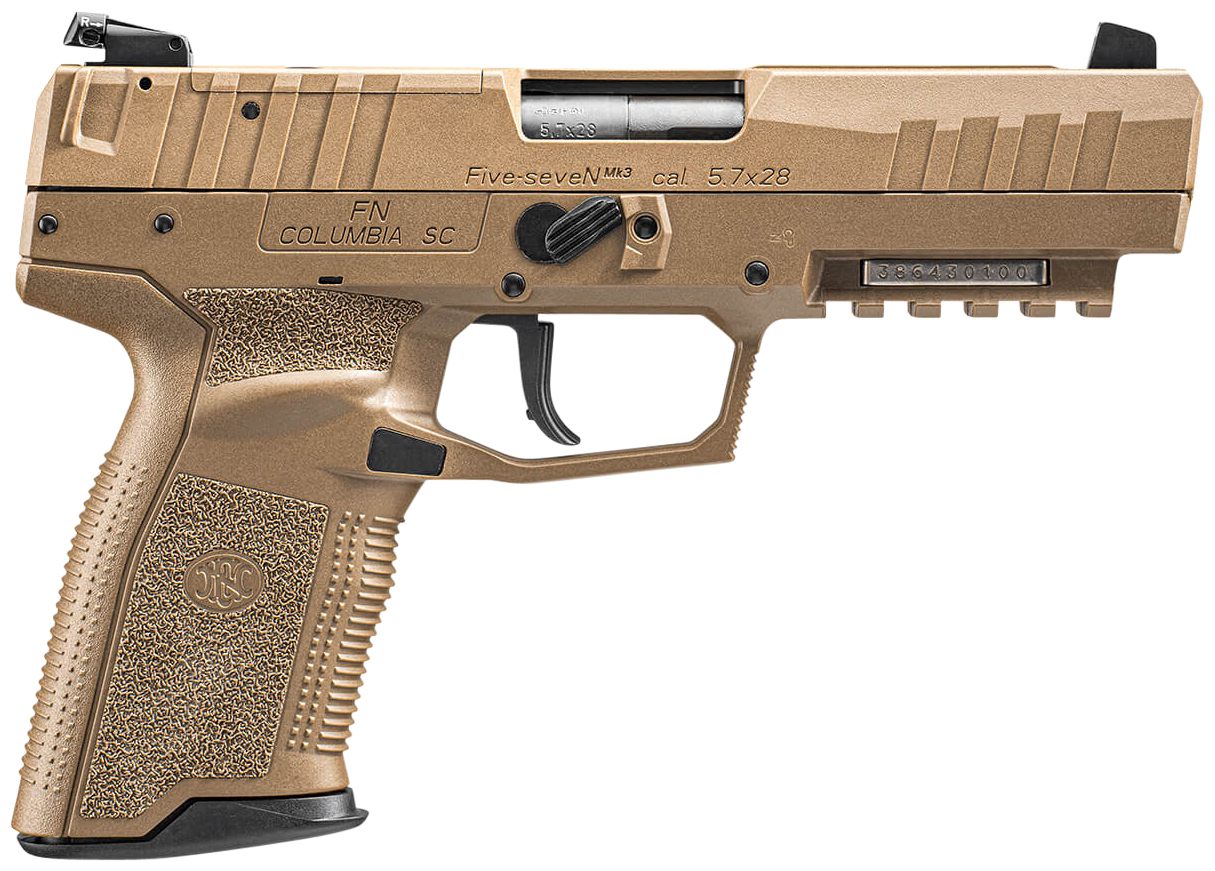 FN 66101277 Five-seveN MRD 5.7x28mm 10+1 4.80" Black Steel Barrel, Flat Dark Earth Optic Cut/Serrated Steel Slide & Polymer Frame w/Picatinny Rail, FDE Textured Polymer Grip, Ambidextrous view 2