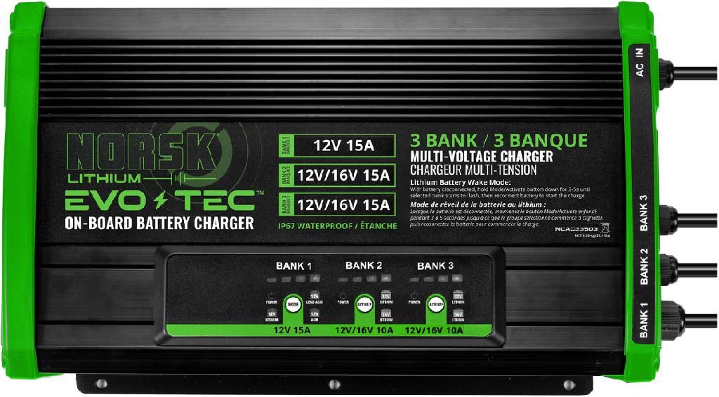 Norsk Lithium 3 Bank A/c Onboard Charger 12v-15a 2-12/16v-10a Multi-chem