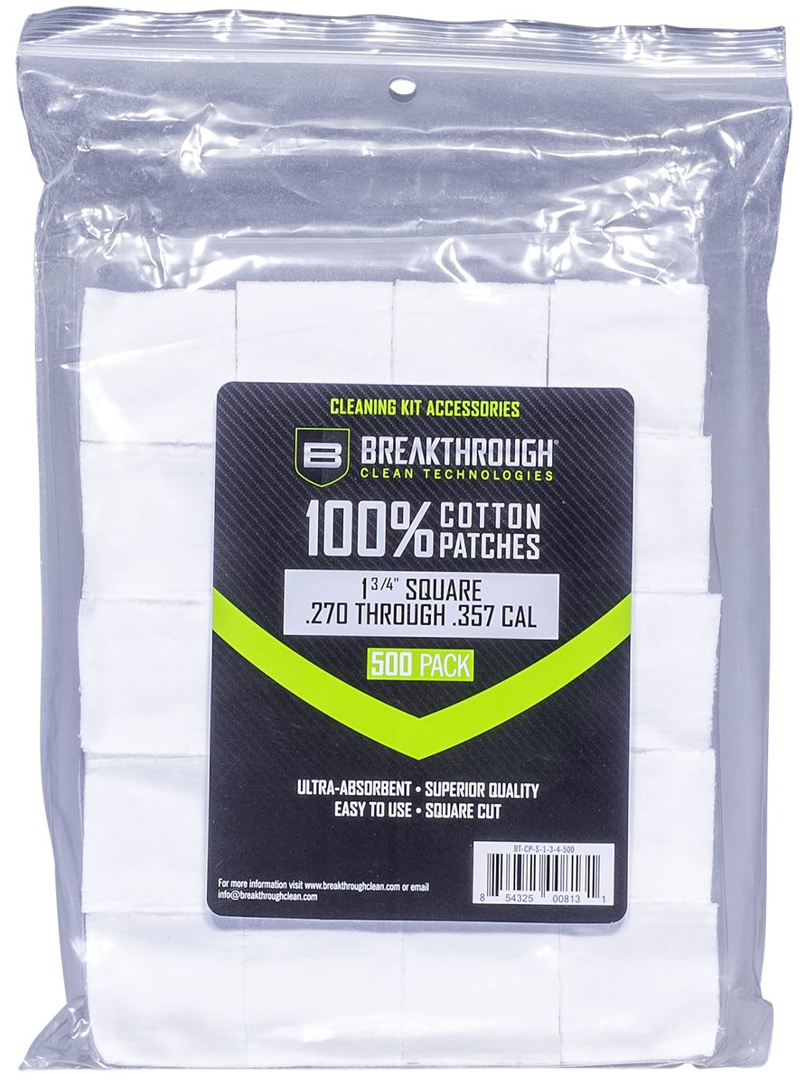 Breakthrough Clean Square Cotton Patches- 1-3/4in X .270-.357 CAL (500 Pack