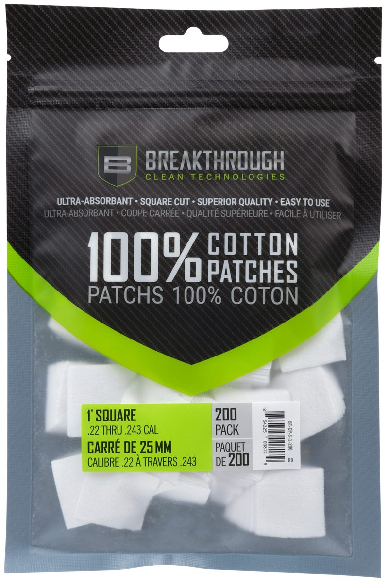 Breakthrough Clean Square Cotton Patches- 1in X .22-.243 CAL (200 Pack)