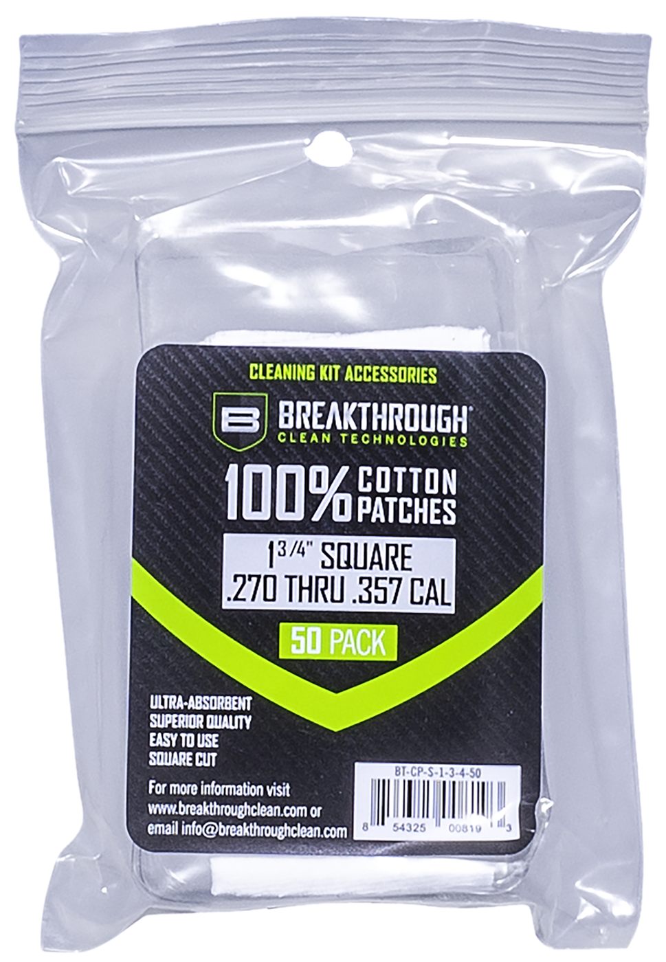 Breakthrough Clean Square Cotton Patches- 1-3/4in X .270-.357 CAL (50 Pack)