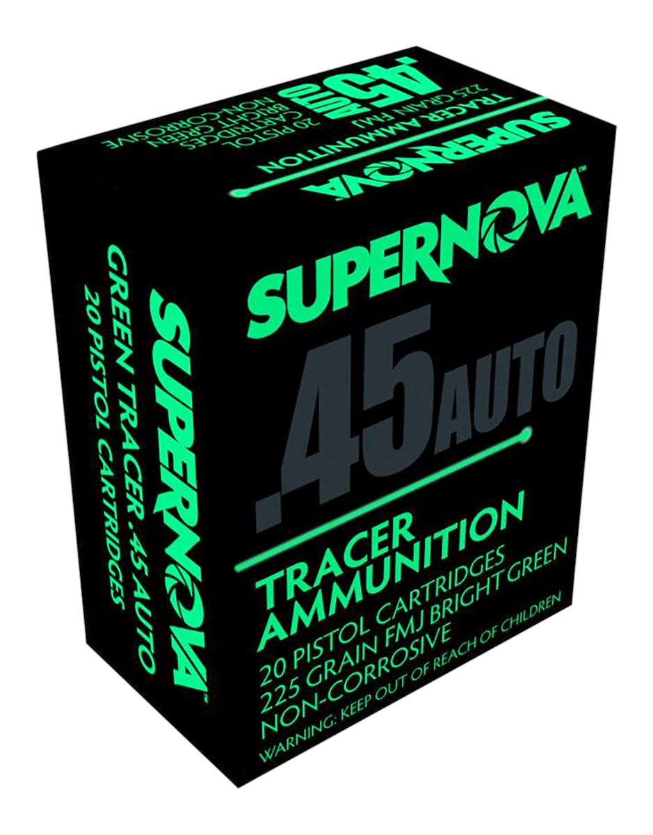 Supernova PMSN45ACG Green Tracer Non Corrosive 45 ACP 225 gr Full Metal Jacket 20 Per Box/ 50 Cs