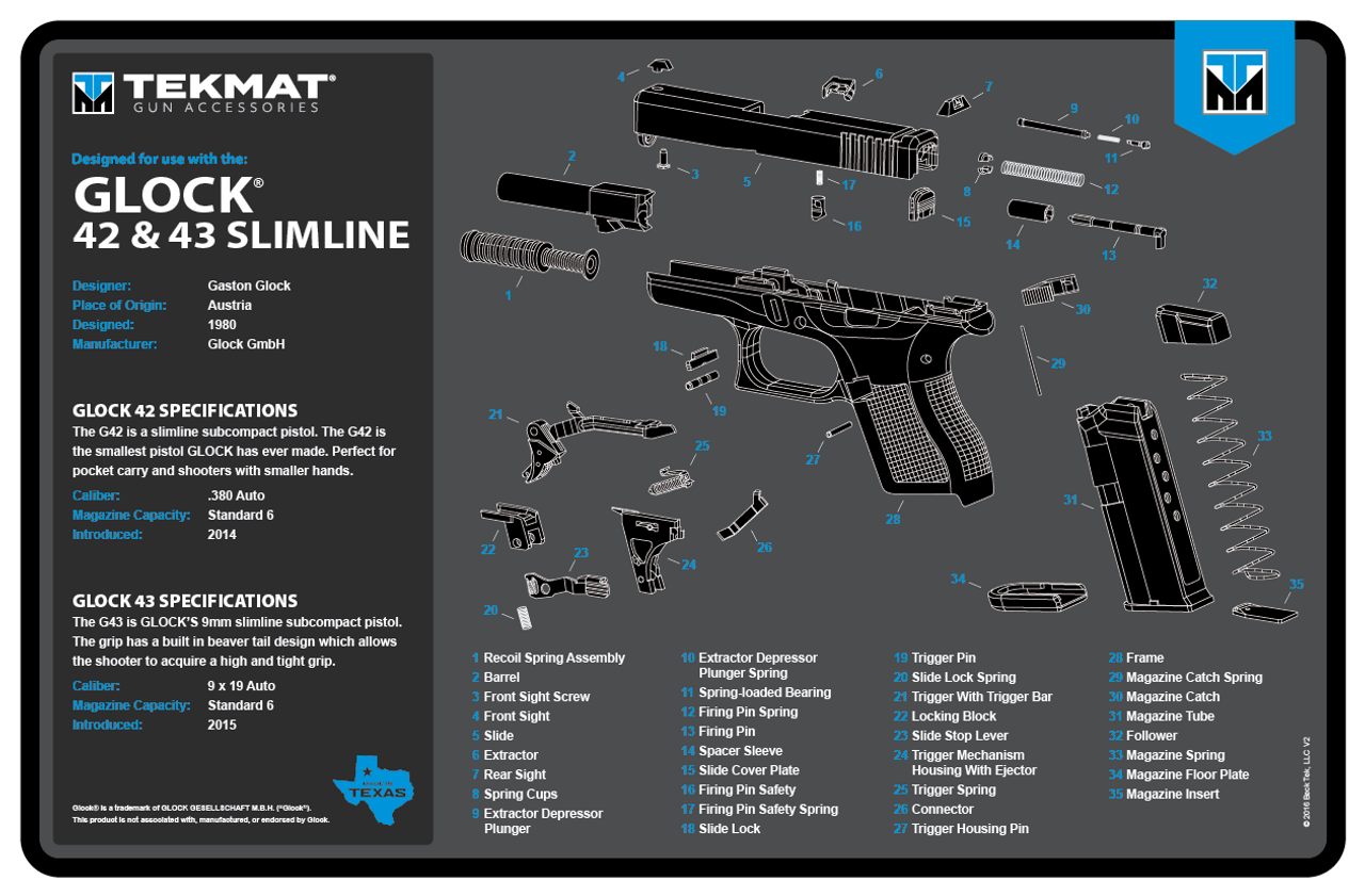 Tekmat TEKR17GLOCK4243BL Glock 42/43 Cleaning Mat Black/Blue/White Rubber 1