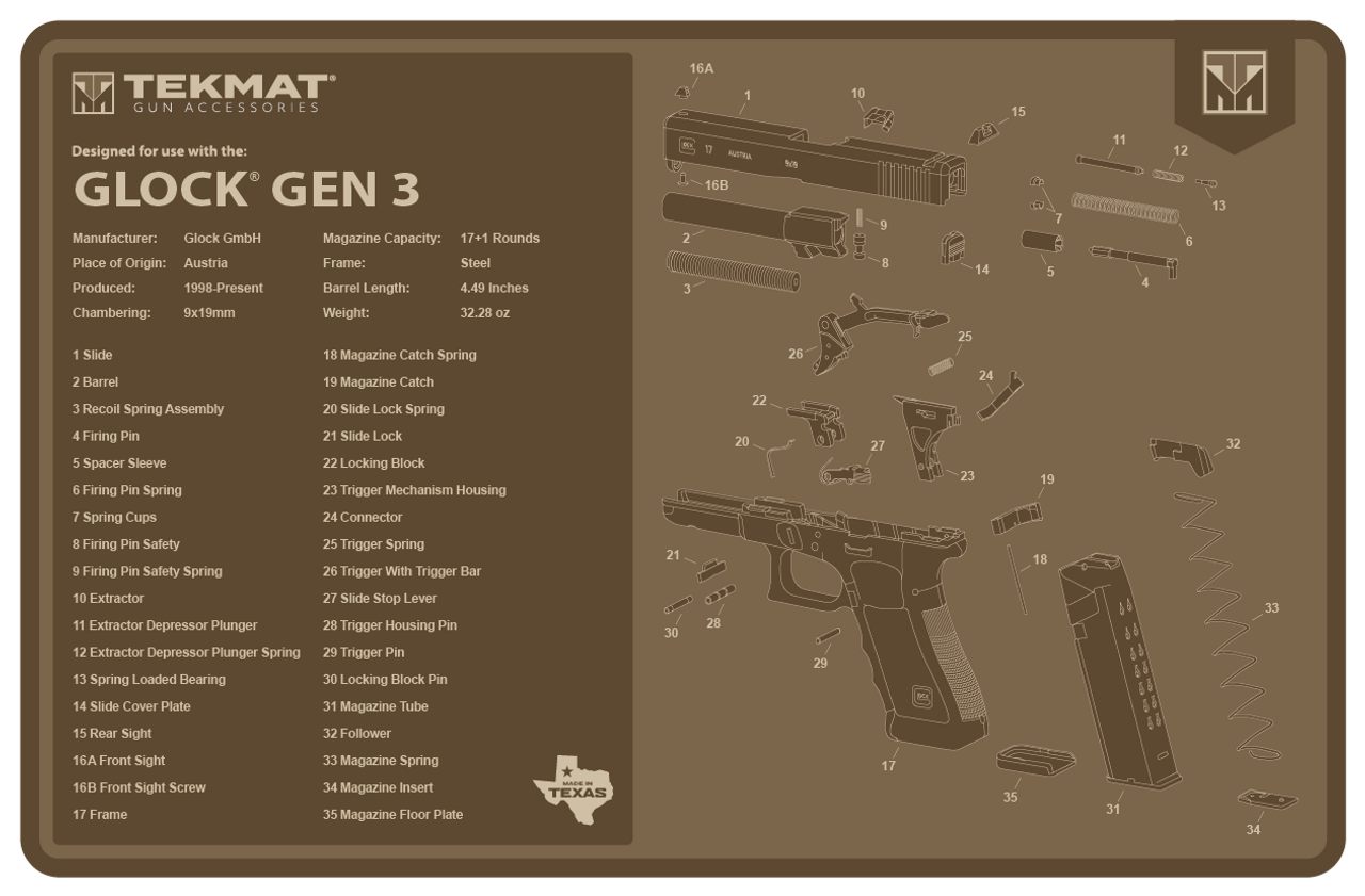 Tekmat TEKR17GLOCKG3FDE Glock Gen 3 Cleaning Mat Flat Dark Earth Rubber 11i