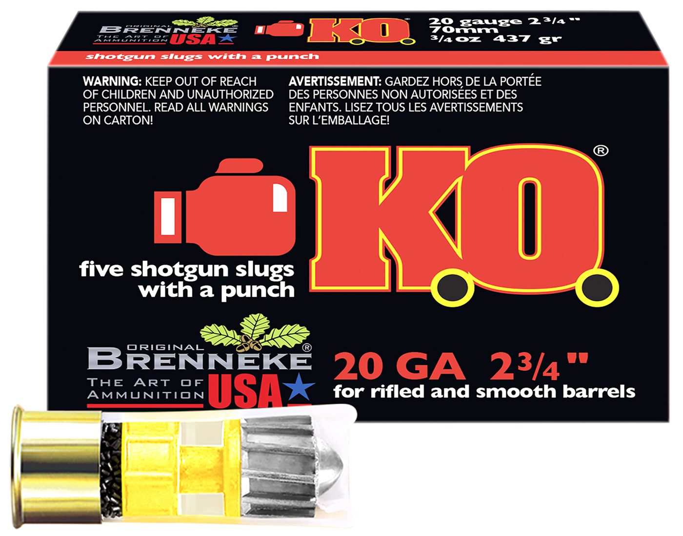 Brenneke SL202KO K.O. 20 Gauge 2.75in 3/4oz Slug Shot 5 Per Box/50 Case